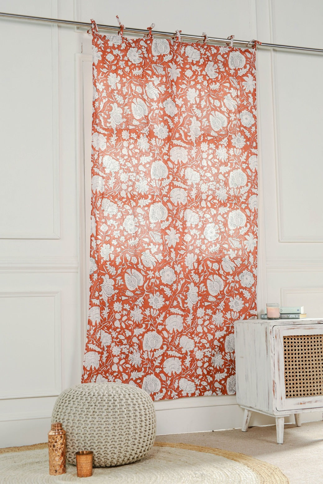 Orange and White Floral Printed Curtain 1 Panel Set