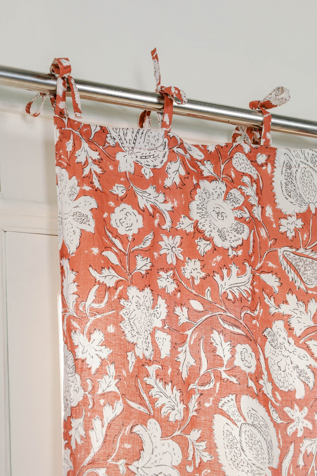 Orange and White Floral Printed Curtain 1 Panel Set