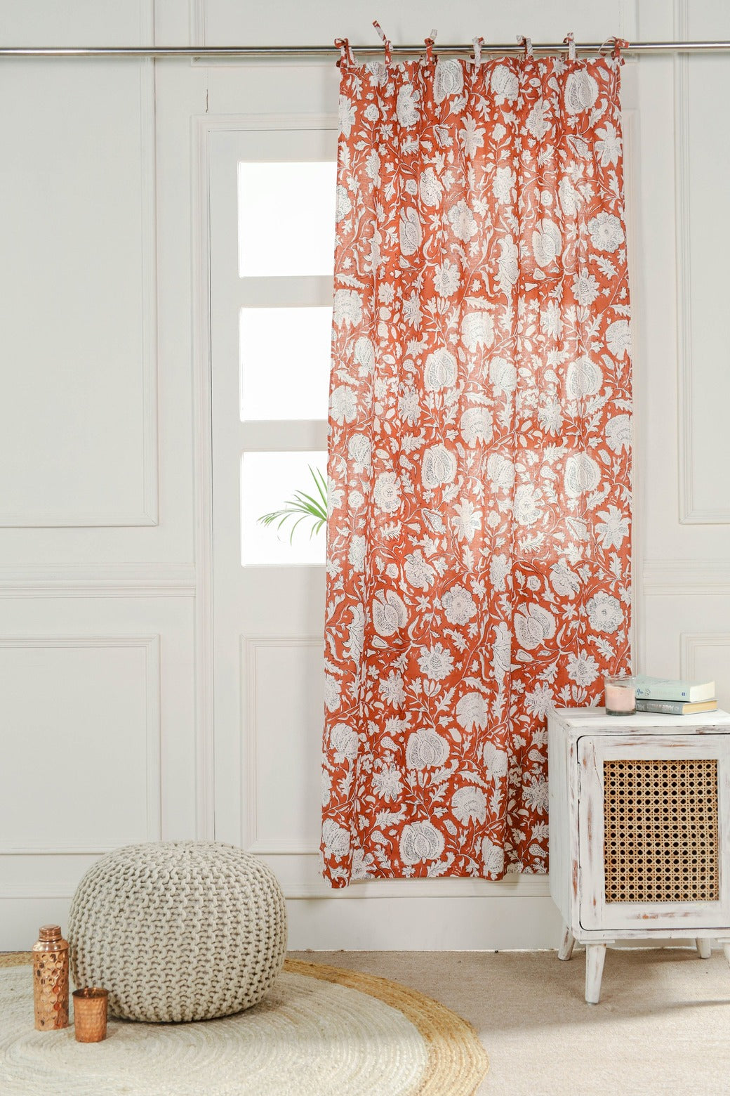 Orange and White Floral Printed Curtain 1 Panel Set