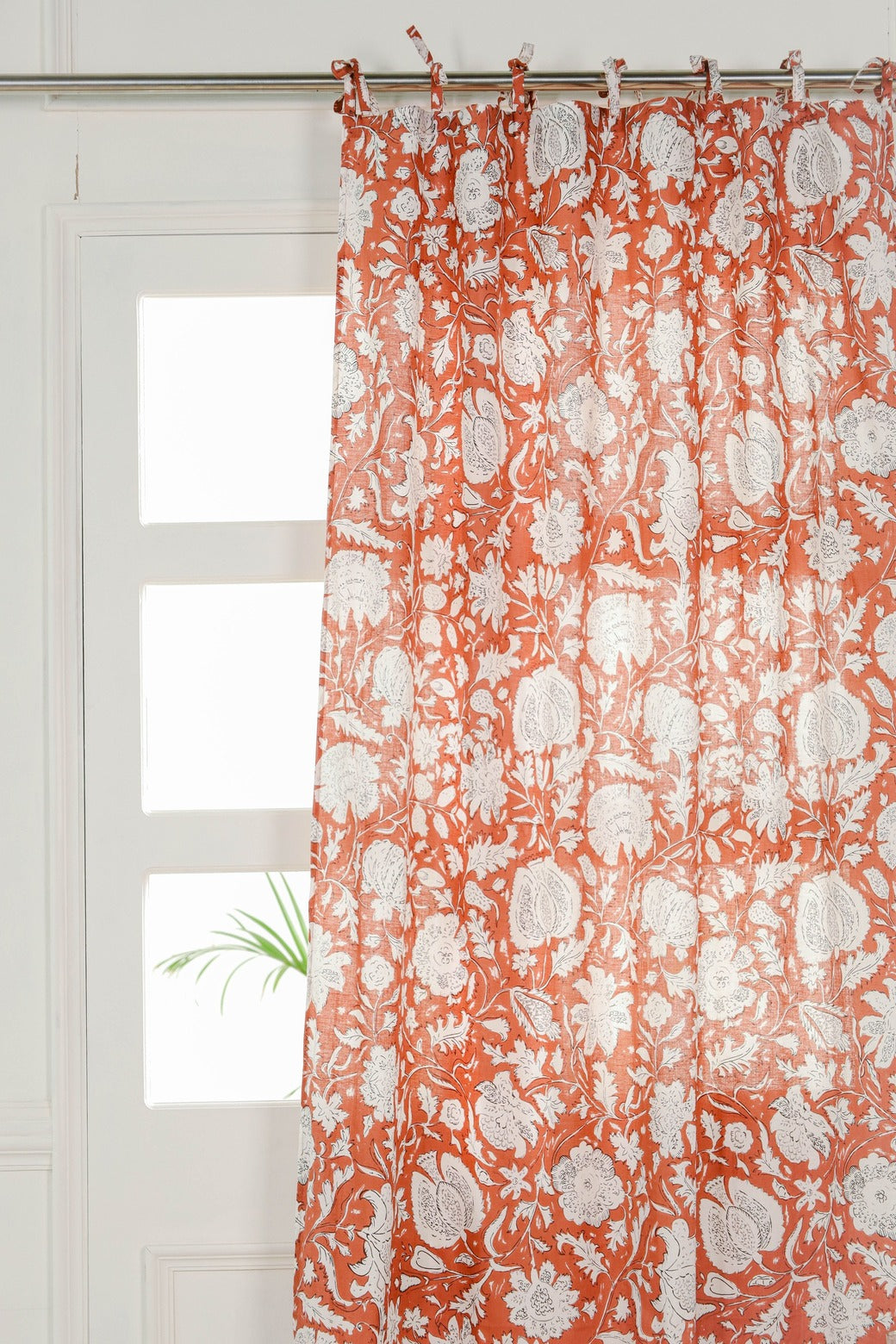 Orange and White Floral Printed Curtain 1 Panel Set