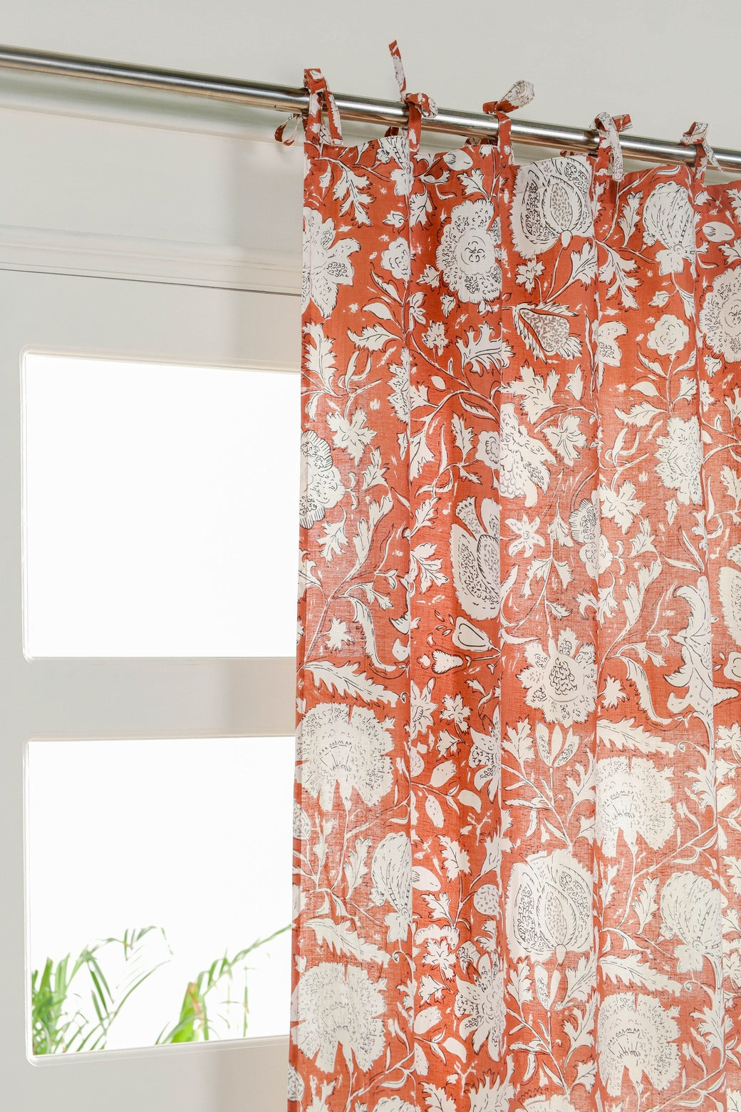 Orange and White Floral Printed Curtain 1 Panel Set