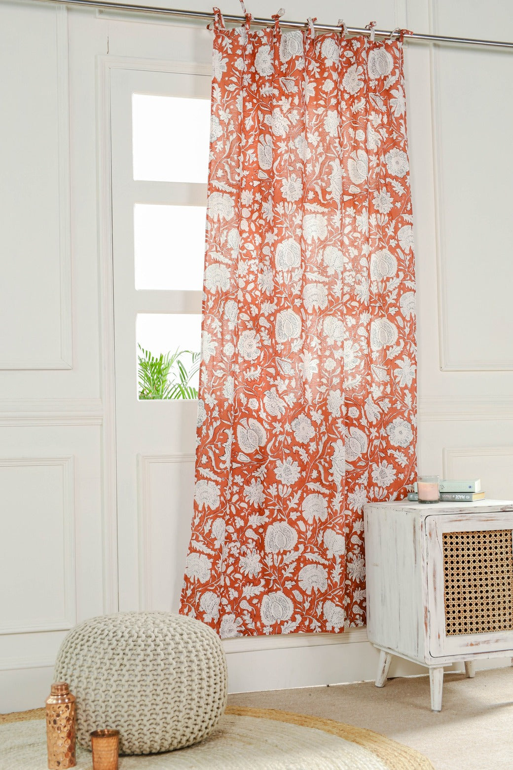 Orange and White Floral Printed Curtain 1 Panel Set