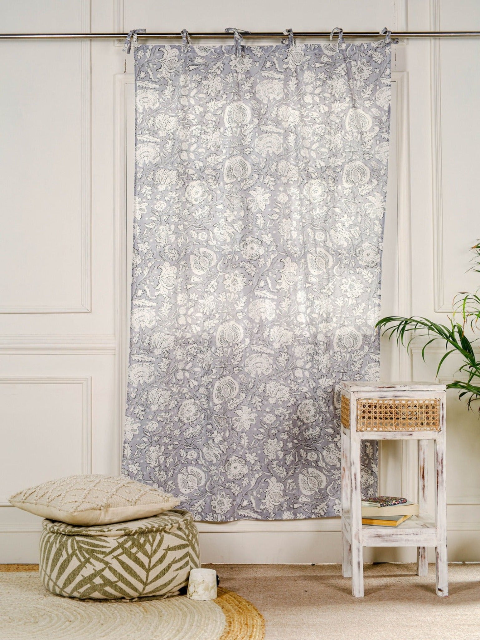 Bohemian Grey  Floral Printed Curtain - 1  Panel Set