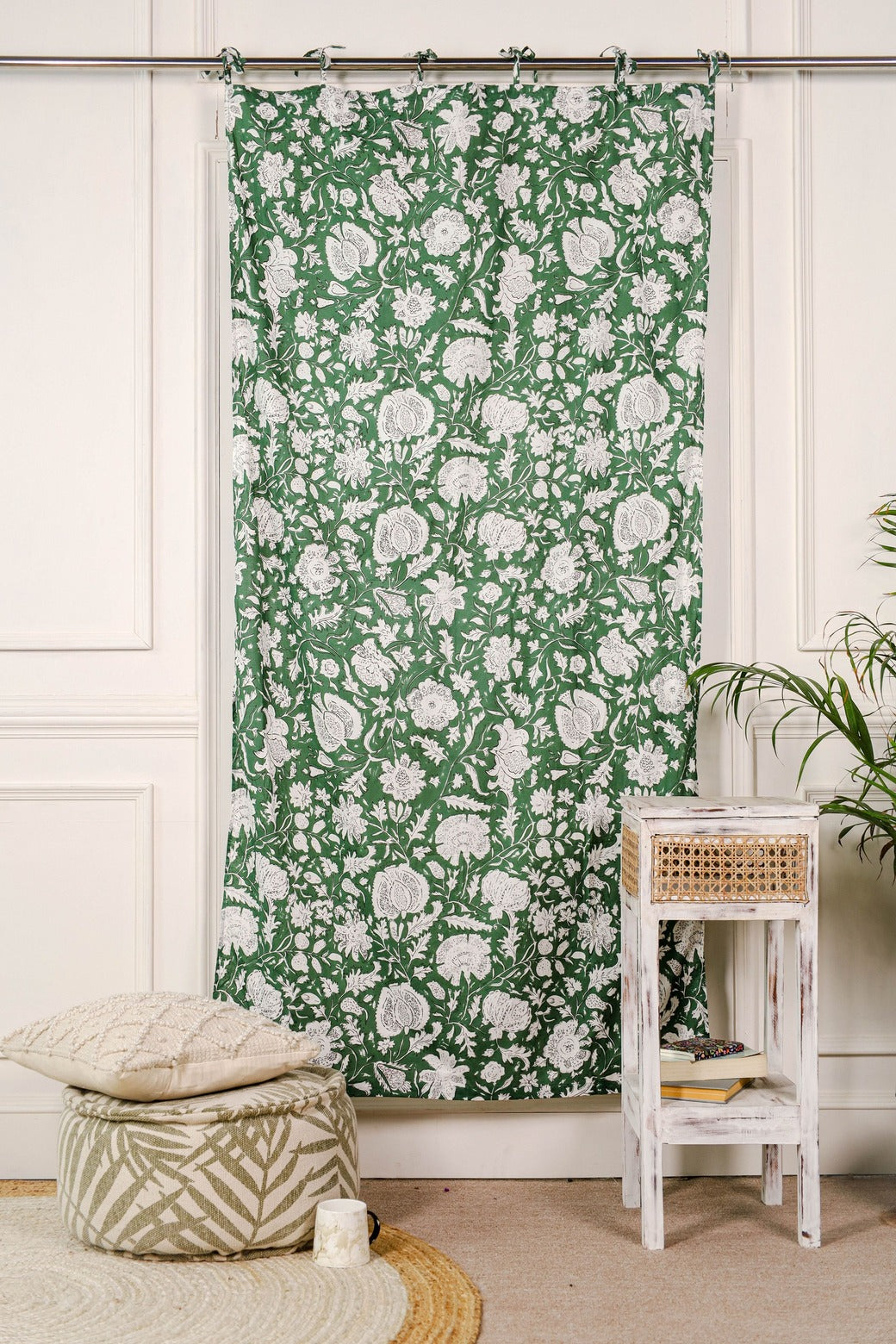 Green and White Floral Printed Curtain 1 Panel Set