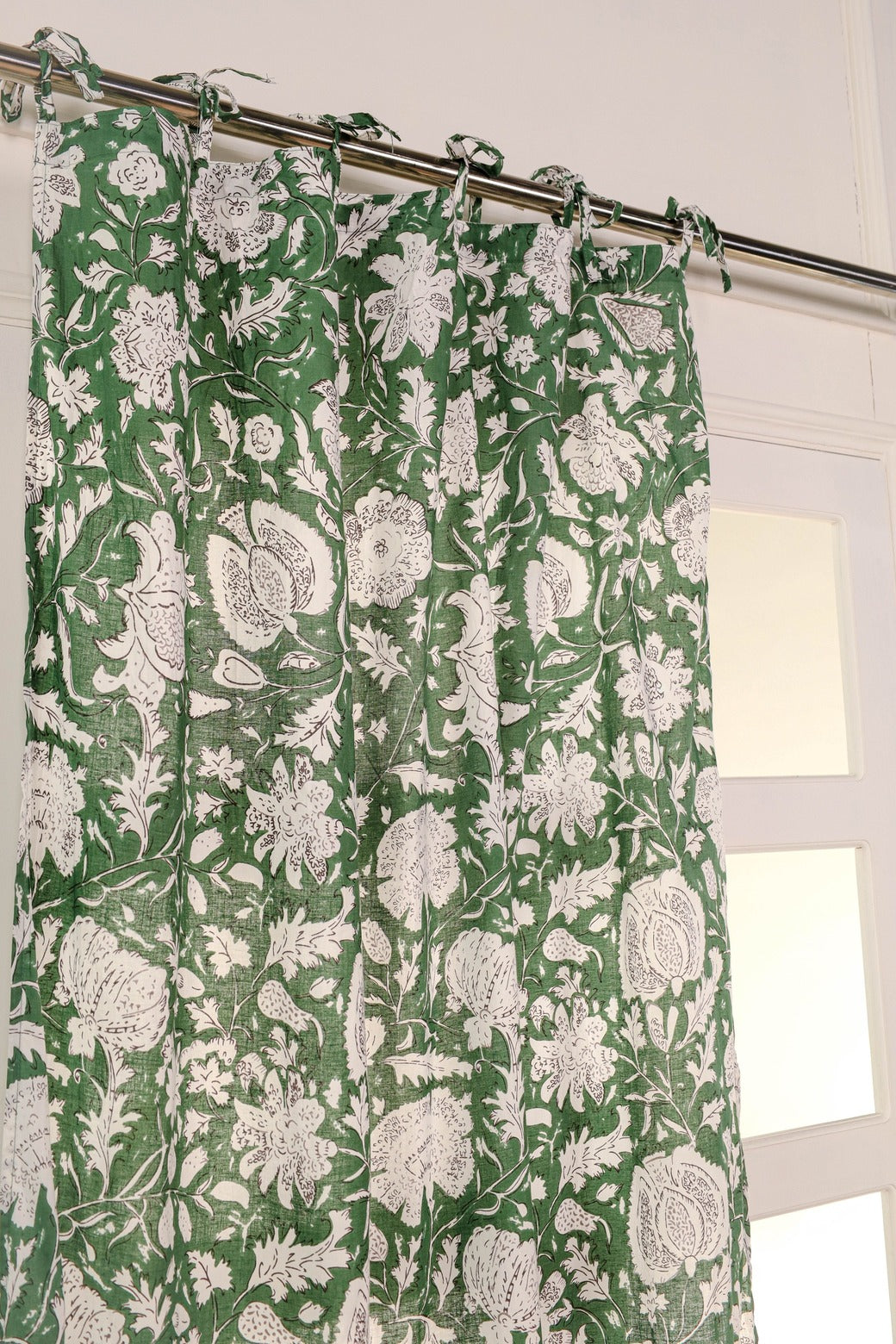 Green and White Floral Printed Curtain 1 Panel Set