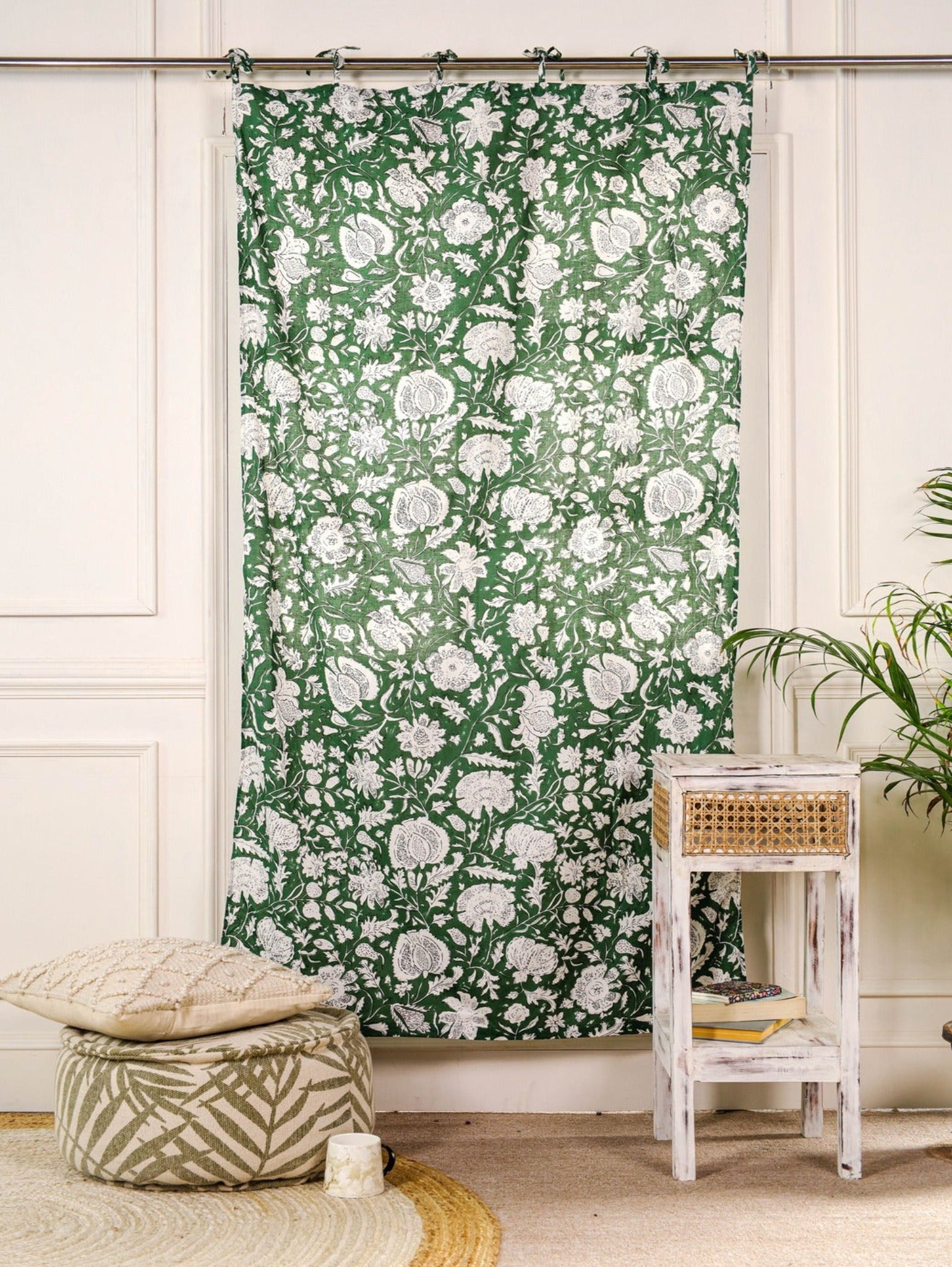 Green and White Floral Printed Curtain 1 Panel Set