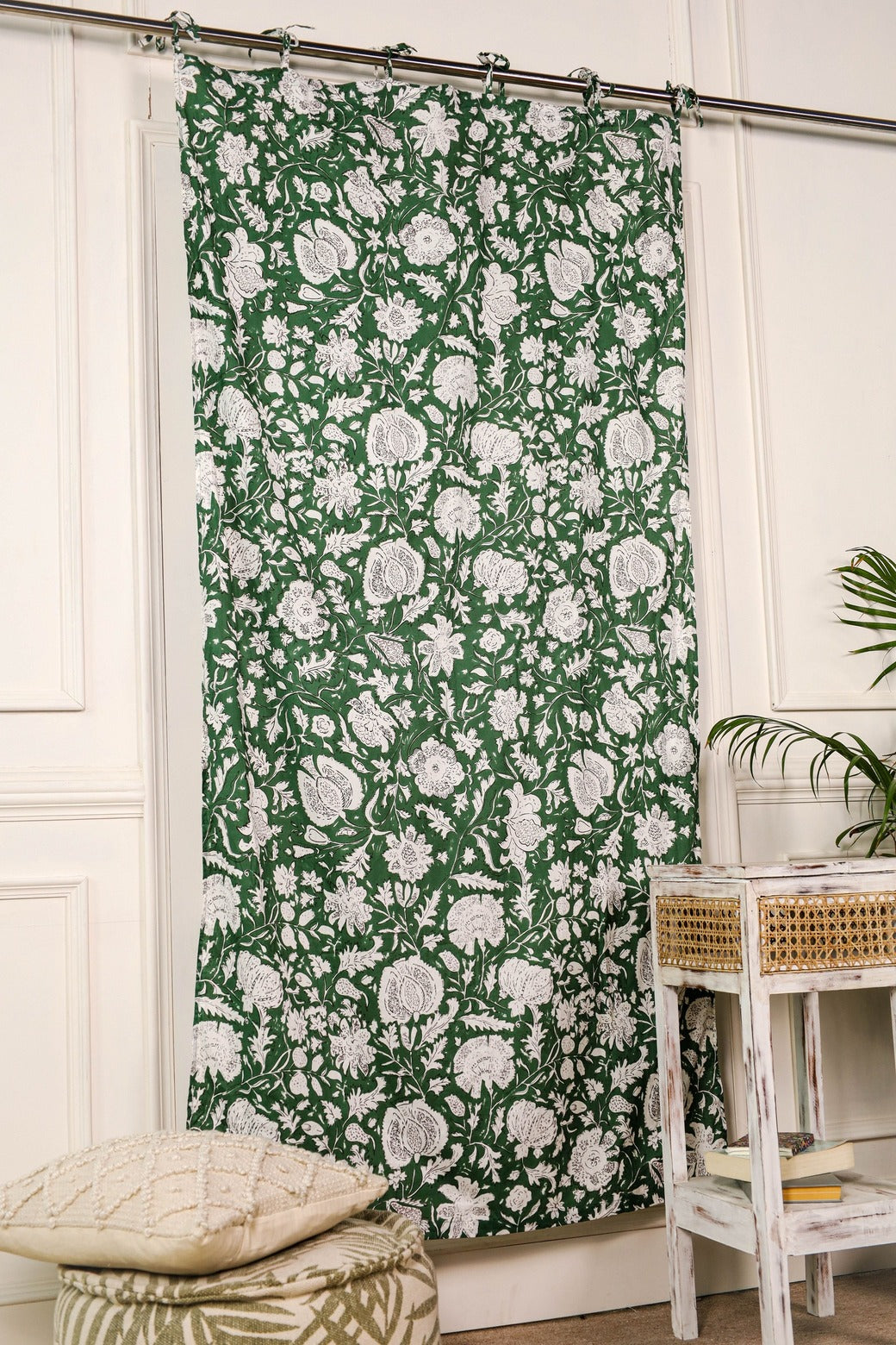 Green and White Floral Printed Curtain 1 Panel Set