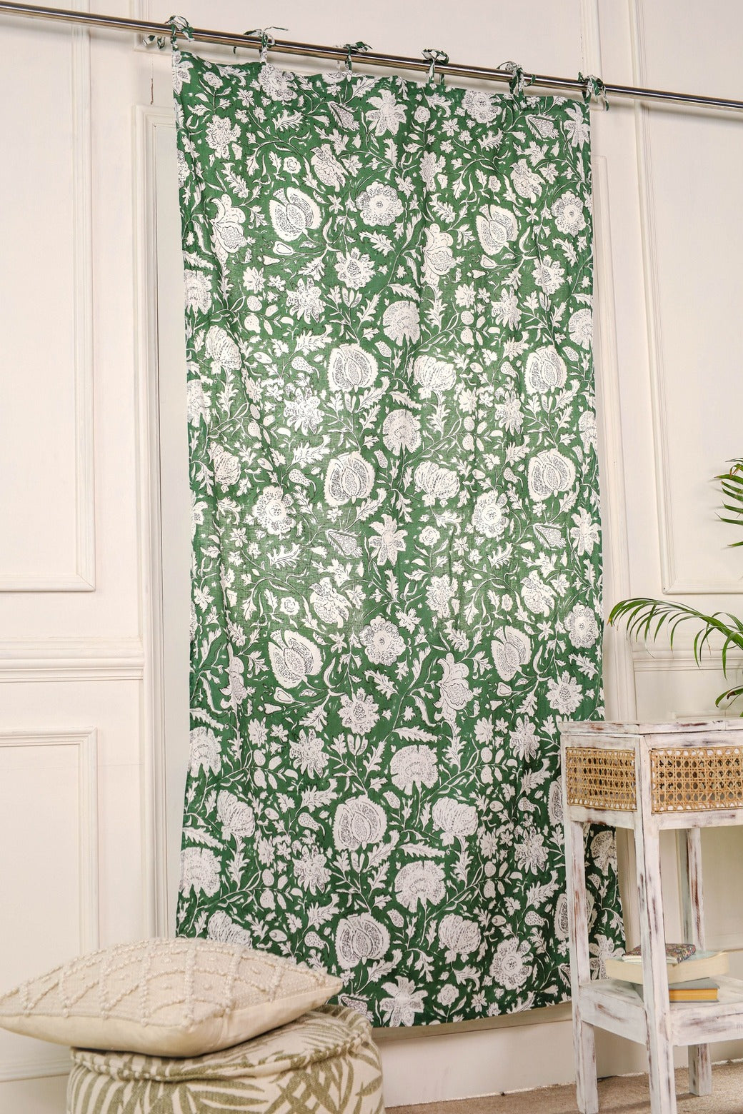 Green and White Floral Printed Curtain 1 Panel Set