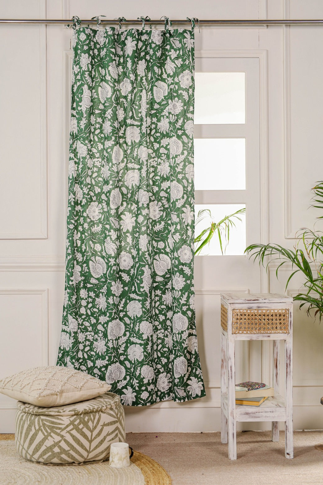 Green and White Floral Printed Curtain 1 Panel Set