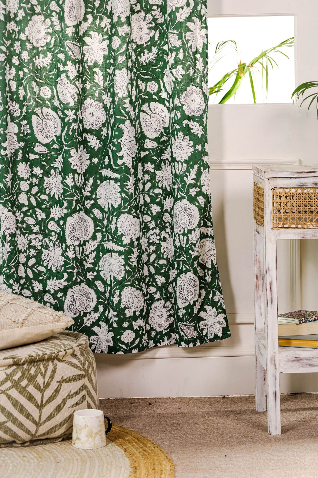 Green and White Floral Printed Curtain 1 Panel Set