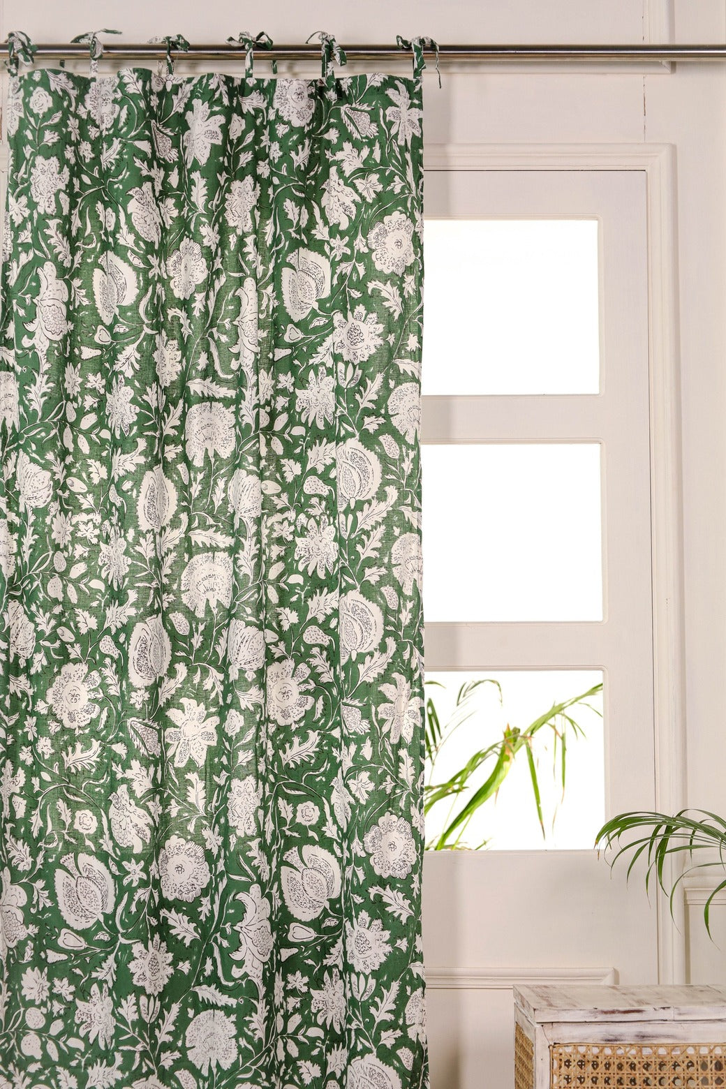 Green and White Floral Printed Curtain 1 Panel Set