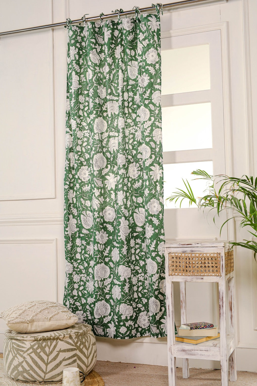 Green and White Floral Printed Curtain 1 Panel Set