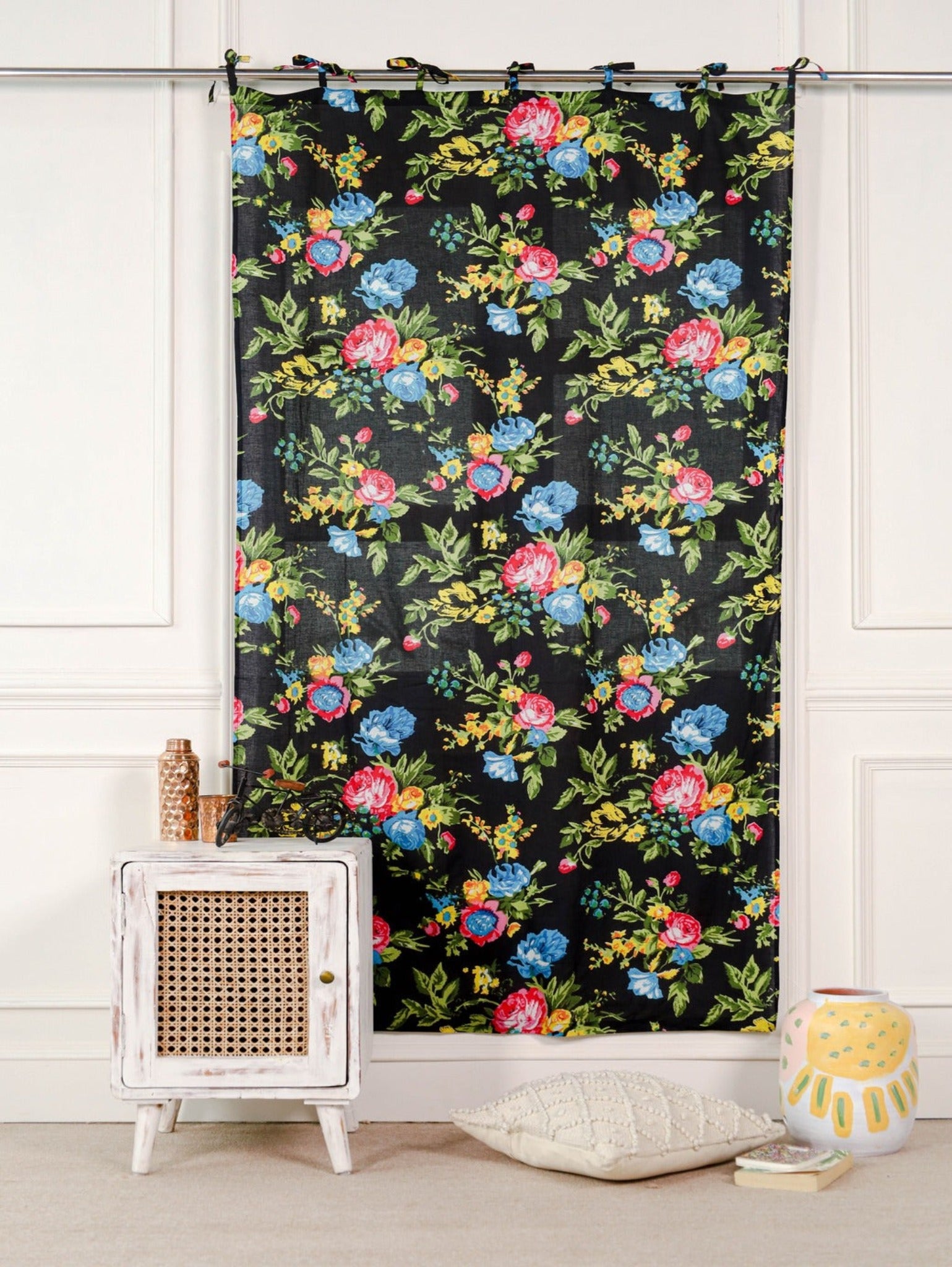 Black Color Floral Printed Curtain - 1 Panel Set