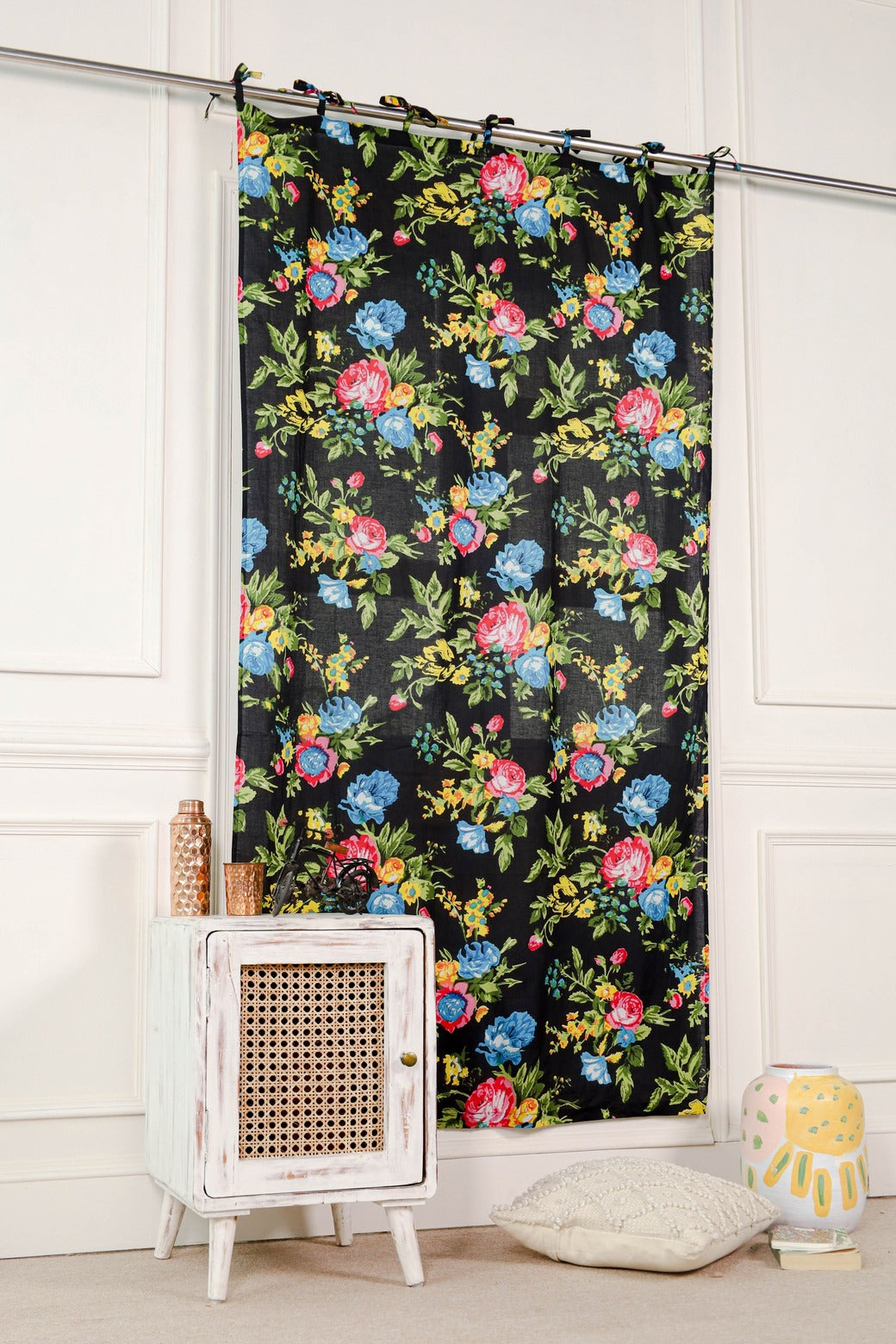 Black Color Floral Printed Curtain - 1 Panel Set