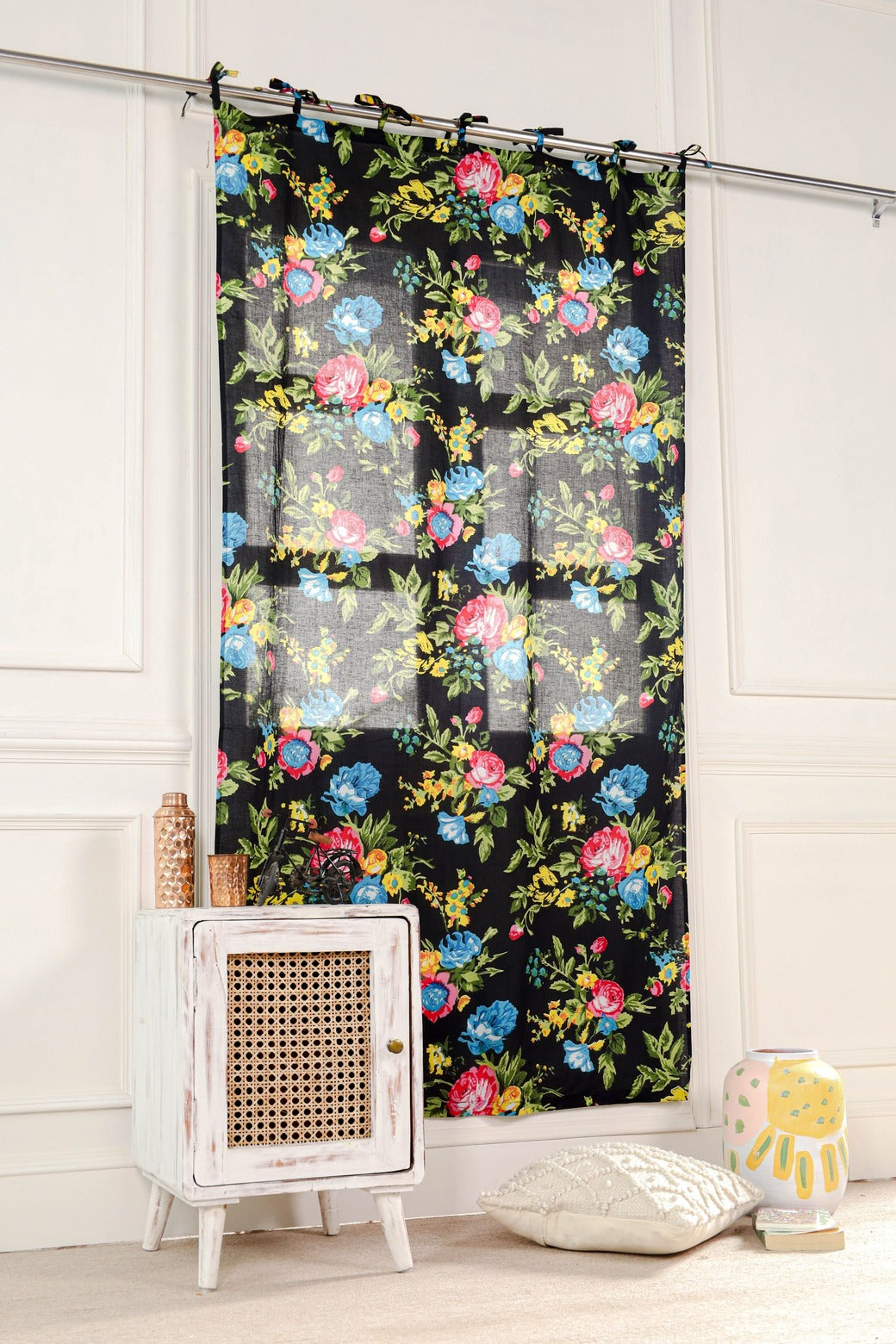 Black Color Floral Printed Curtain - 1 Panel Set