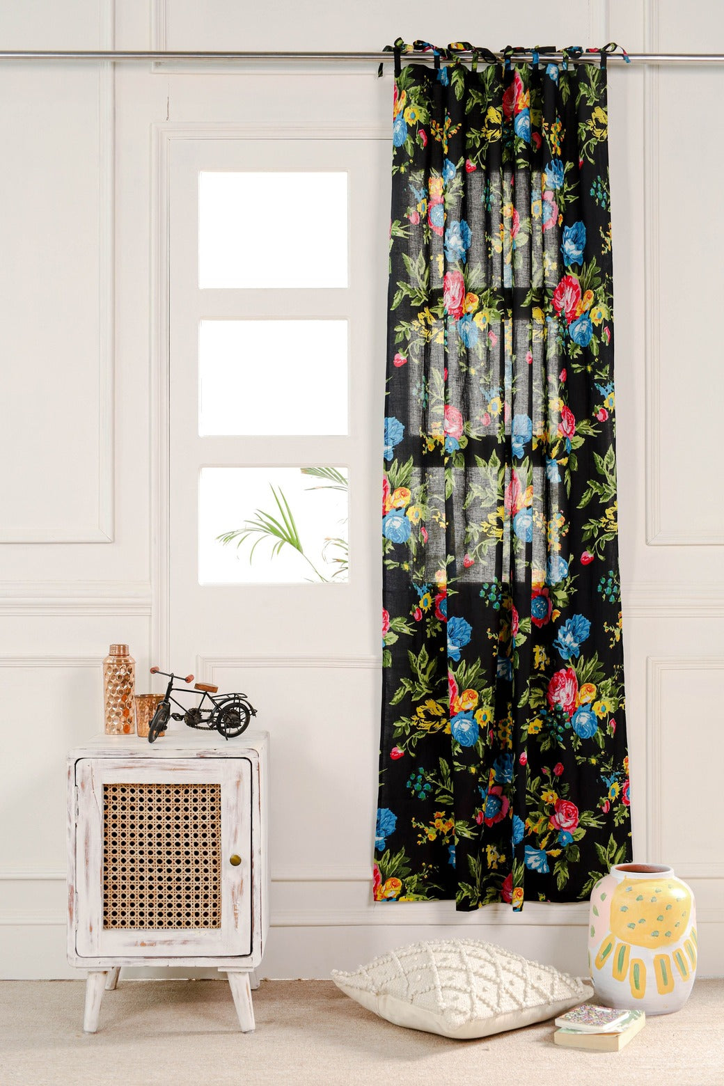 Black Color Floral Printed Curtain - 1 Panel Set