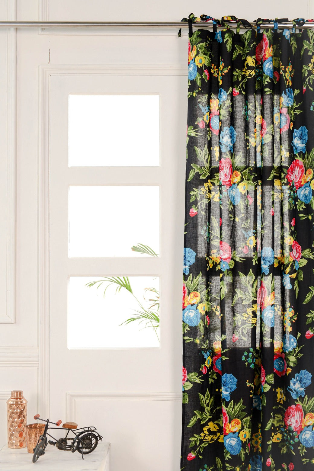 Black Color Floral Printed Curtain - 1 Panel Set