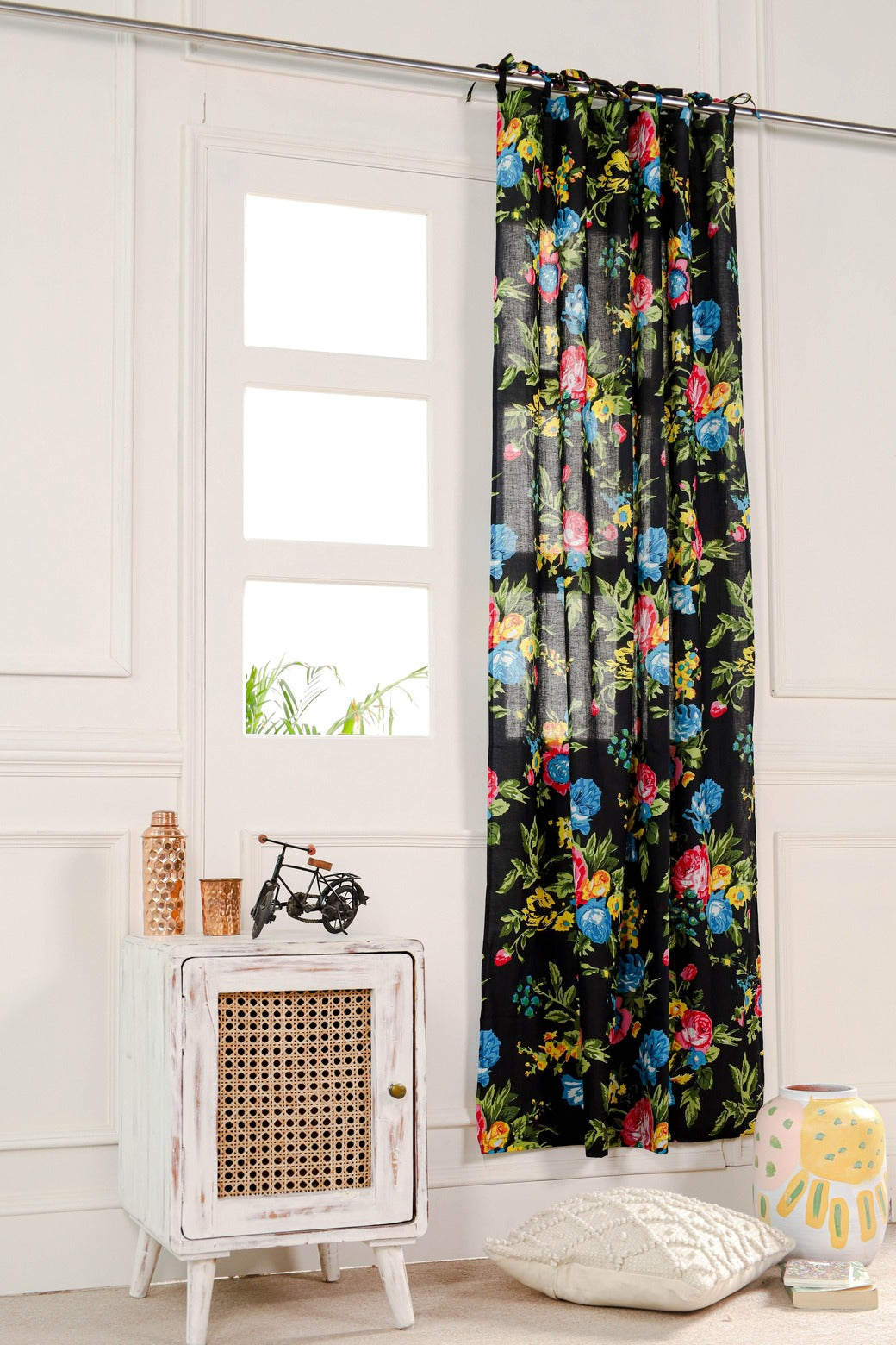 Black Color Floral Printed Curtain - 1 Panel Set