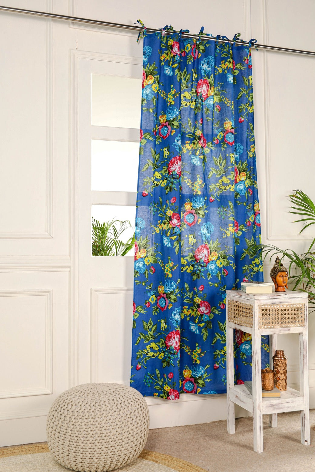 Blue Color Floral Printed Curtain - 1 Panel Set