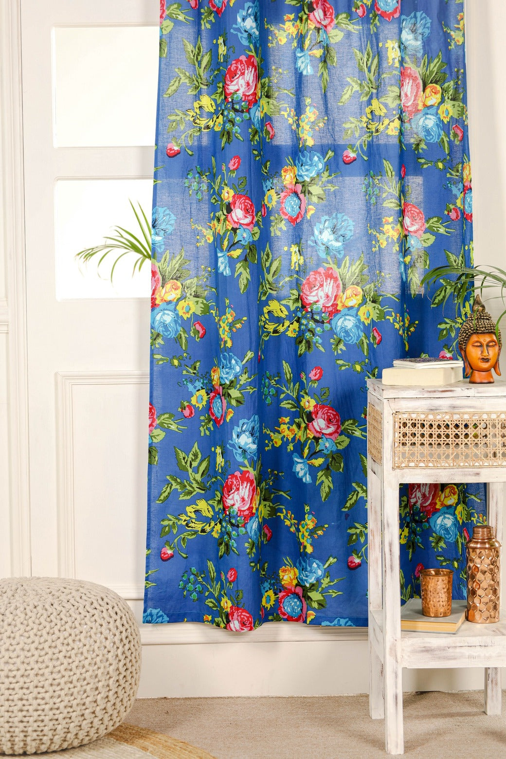 Blue Color Floral Printed Curtain - 1 Panel Set