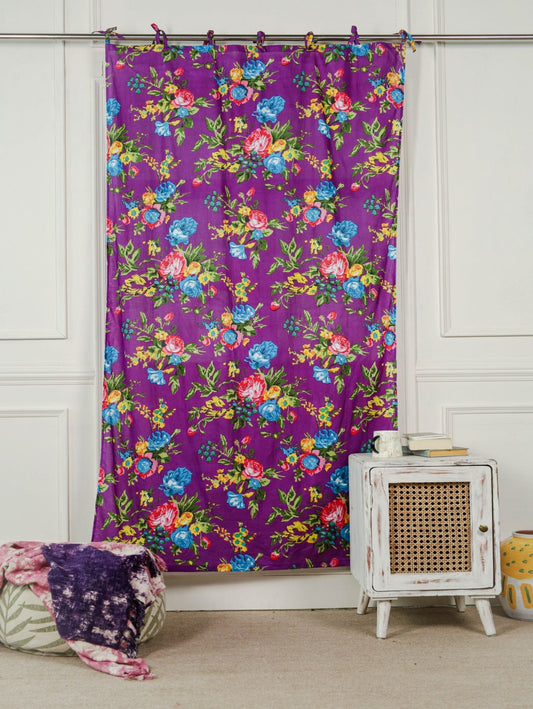 Purple Color Floral Printed Curtain 1 Panel Set
