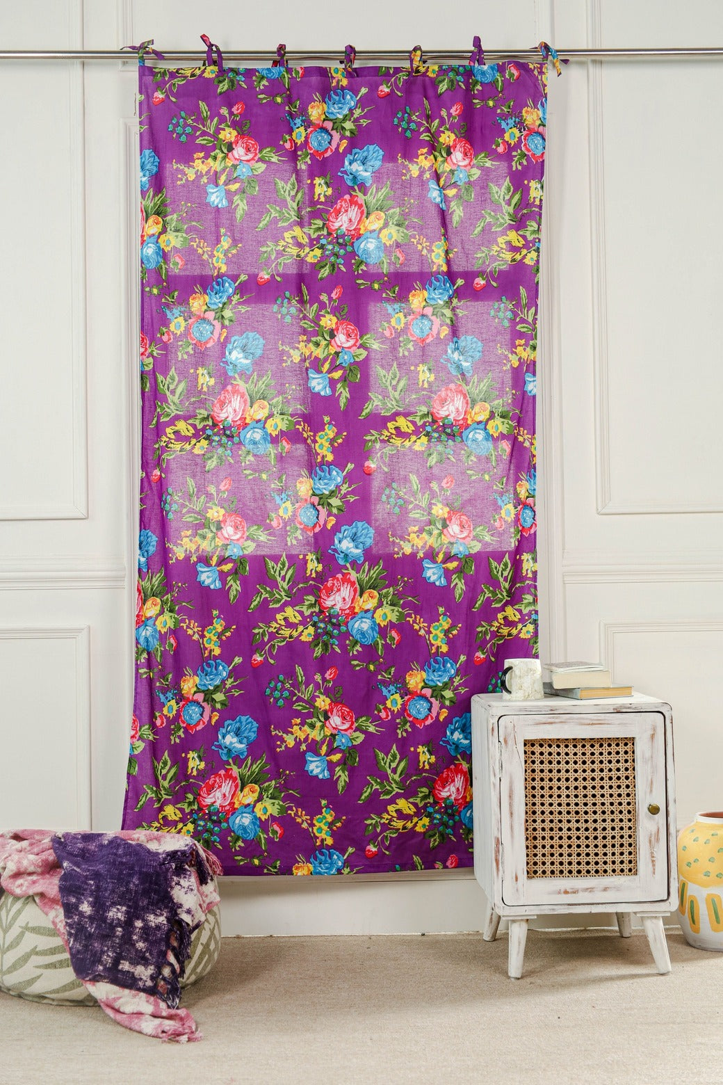 Purple Color Floral Printed Curtain 1 Panel Set