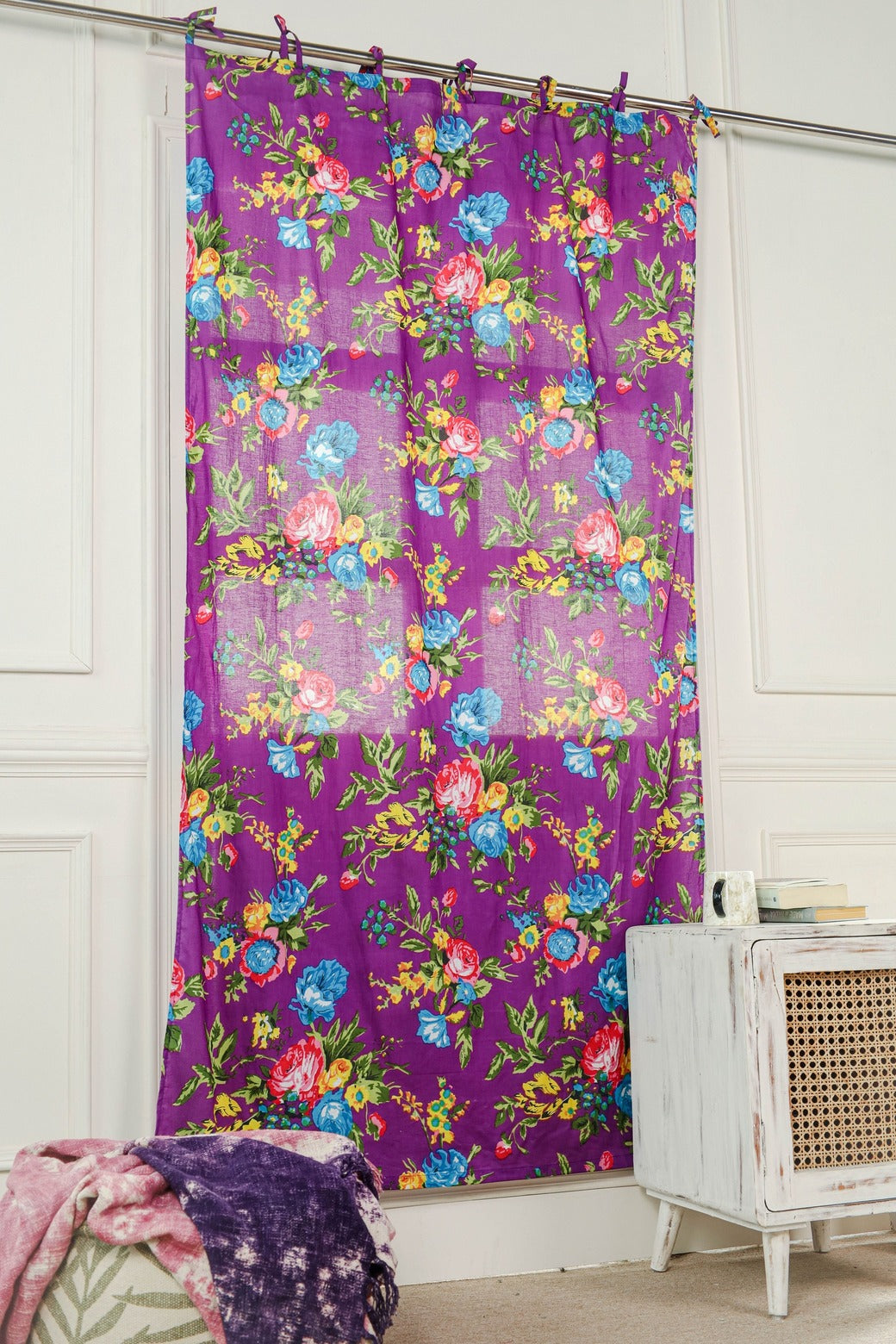 Purple Color Floral Printed Curtain 1 Panel Set