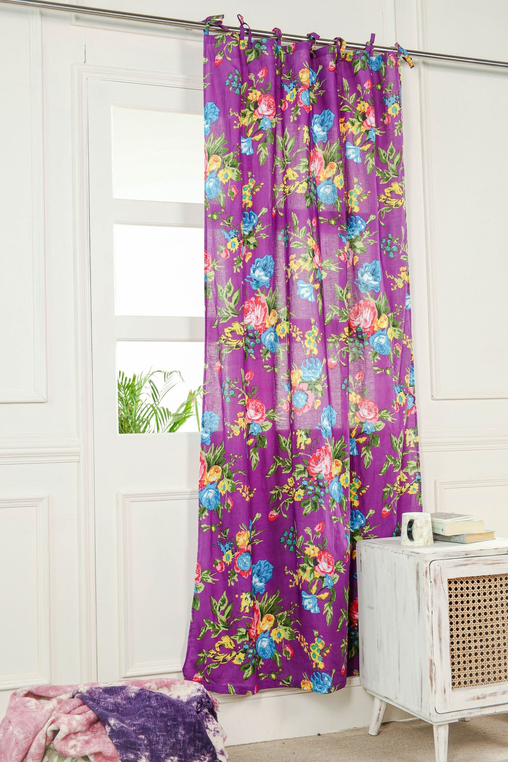 Purple Color Floral Printed Curtain 1 Panel Set