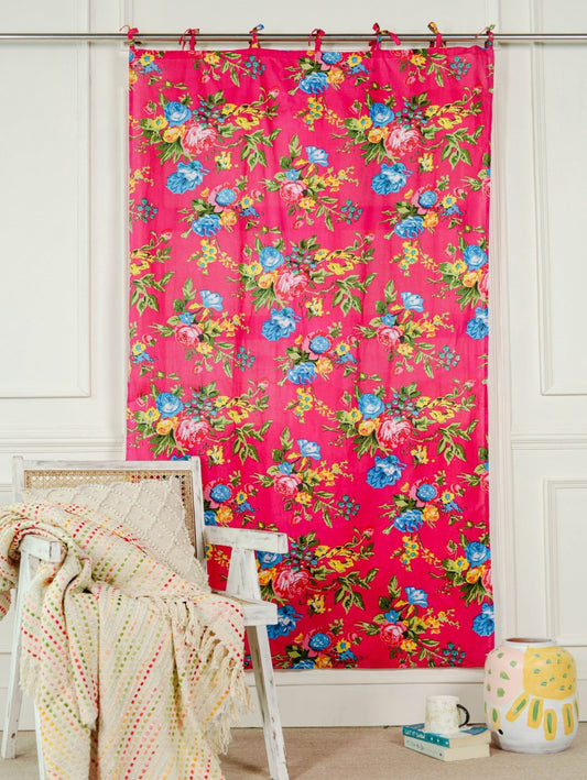 Red Color Floral Printed Curtain 1 Panel Set