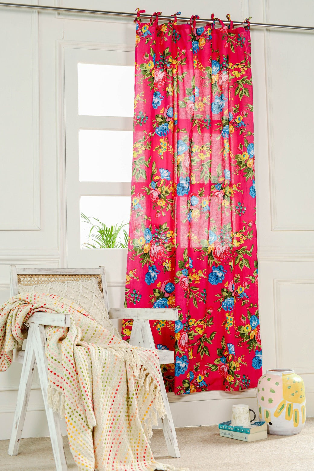 Red Color Floral Printed Curtain 1 Panel Set