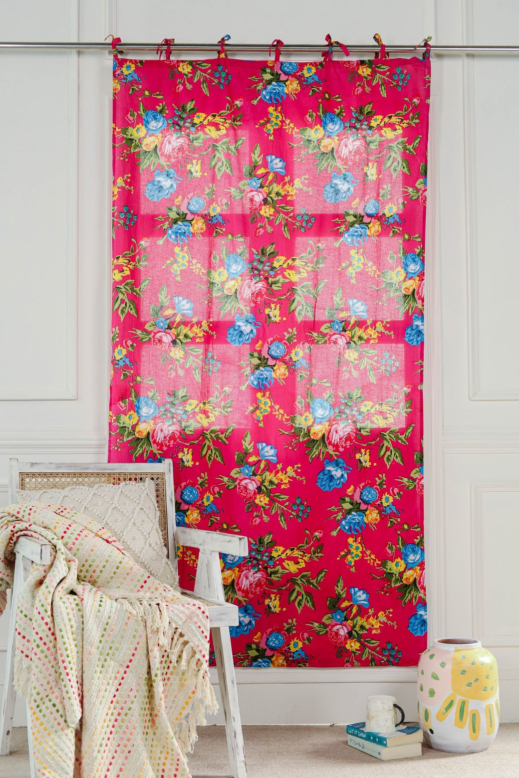 Red Color Floral Printed Curtain 1 Panel Set