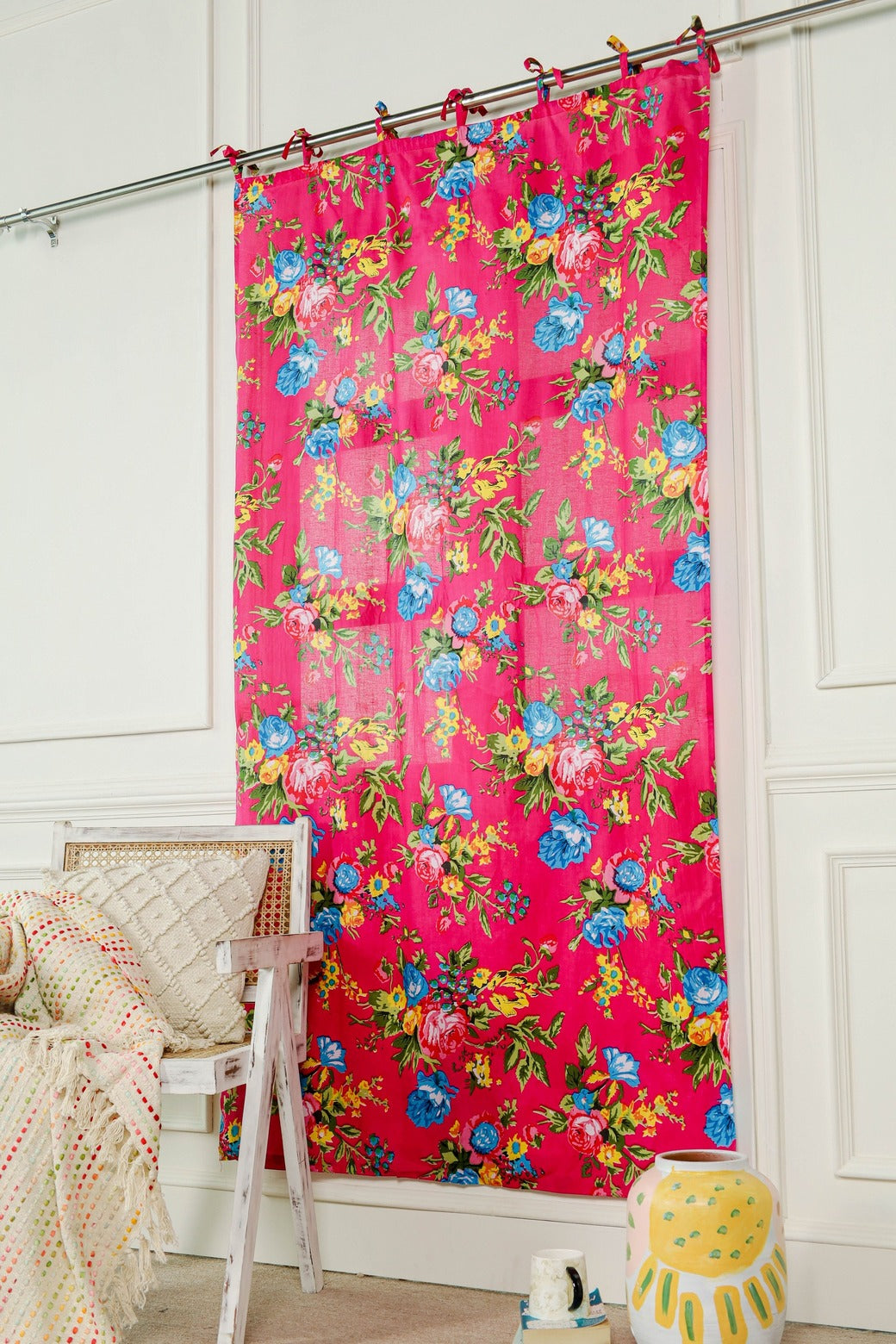 Red Color Floral Printed Curtain 1 Panel Set