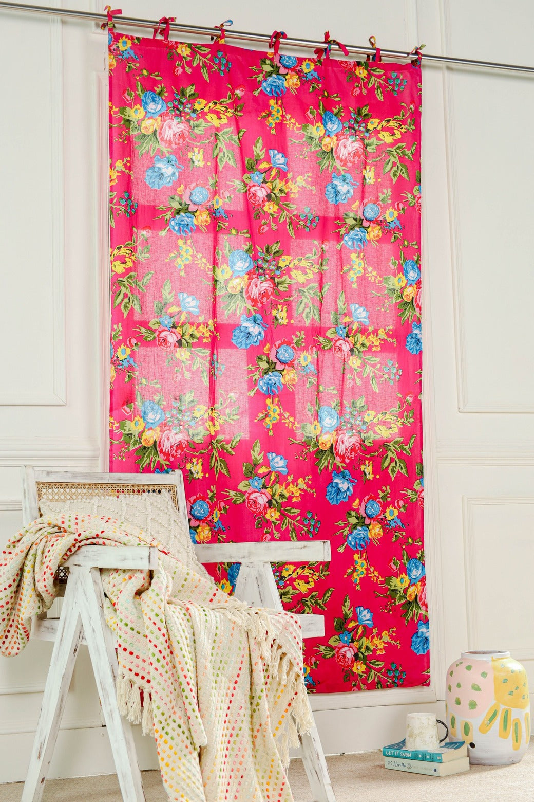 Red Color Floral Printed Curtain 1 Panel Set