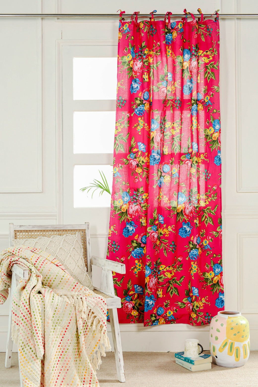 Red Color Floral Printed Curtain 1 Panel Set