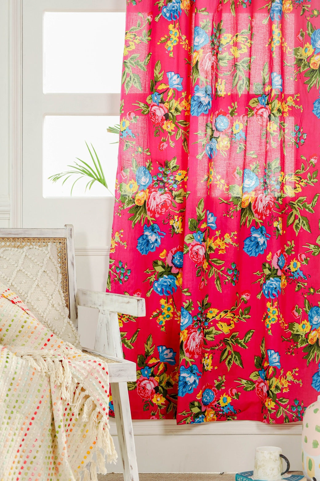 Red Color Floral Printed Curtain 1 Panel Set