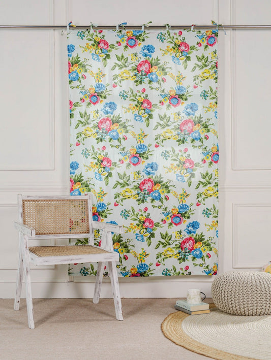 White Color Floral Printed Curtain