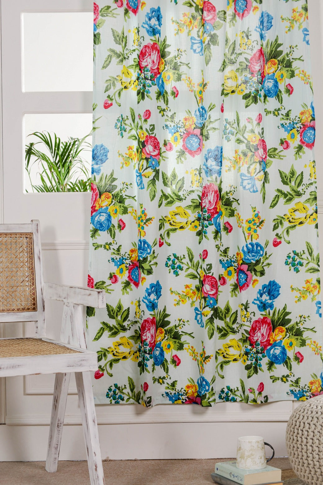 White Color Floral Printed - 1 Panel Set