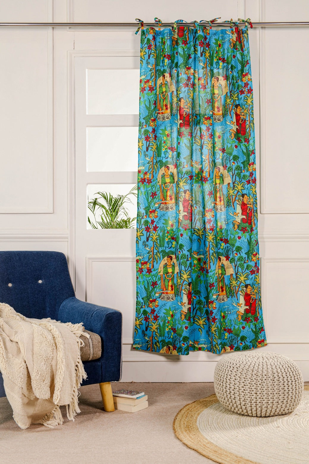 Green Frida Kantha Printed Curtain 1 Panel Set