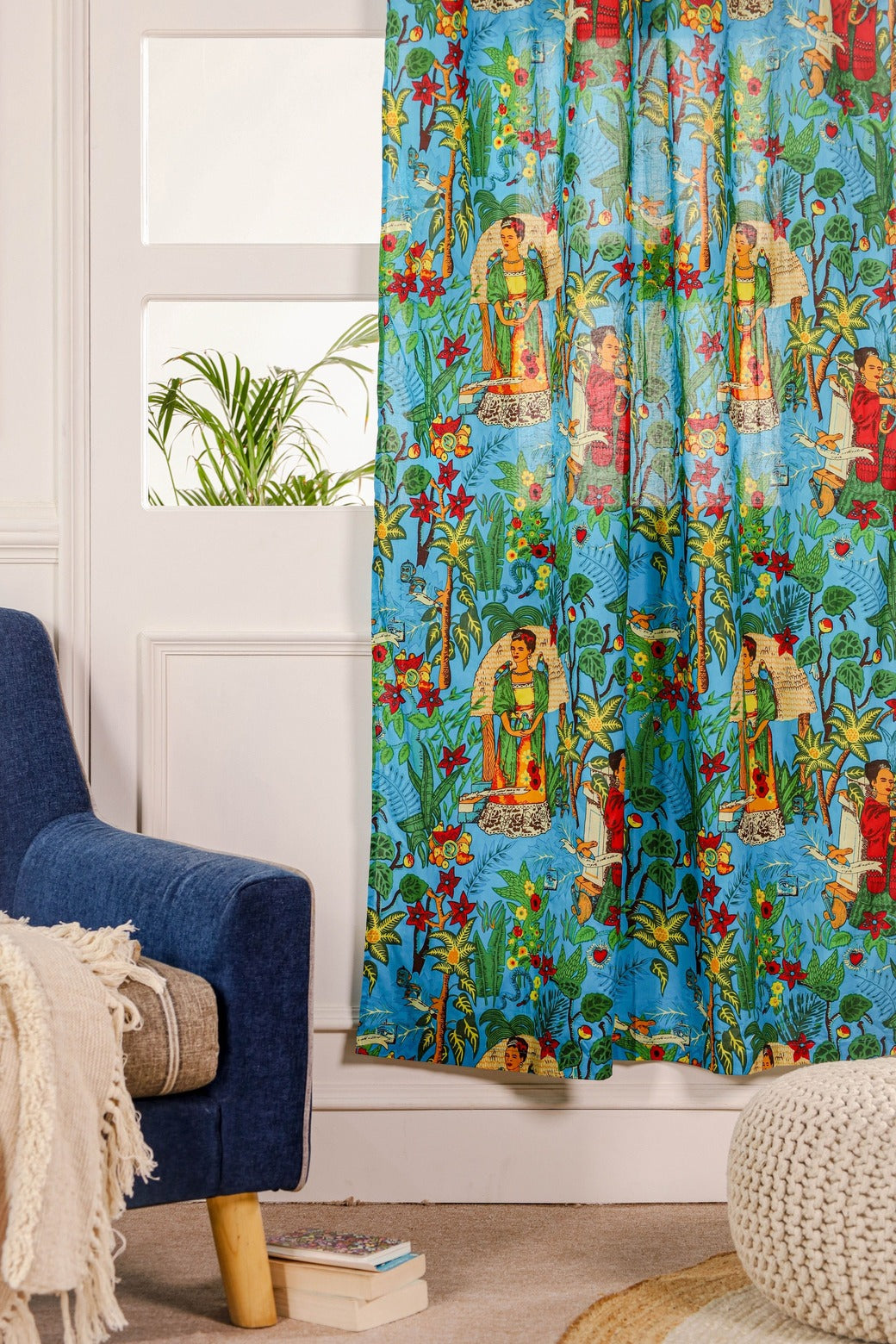 Green Frida Kantha Printed Curtain 1 Panel Set