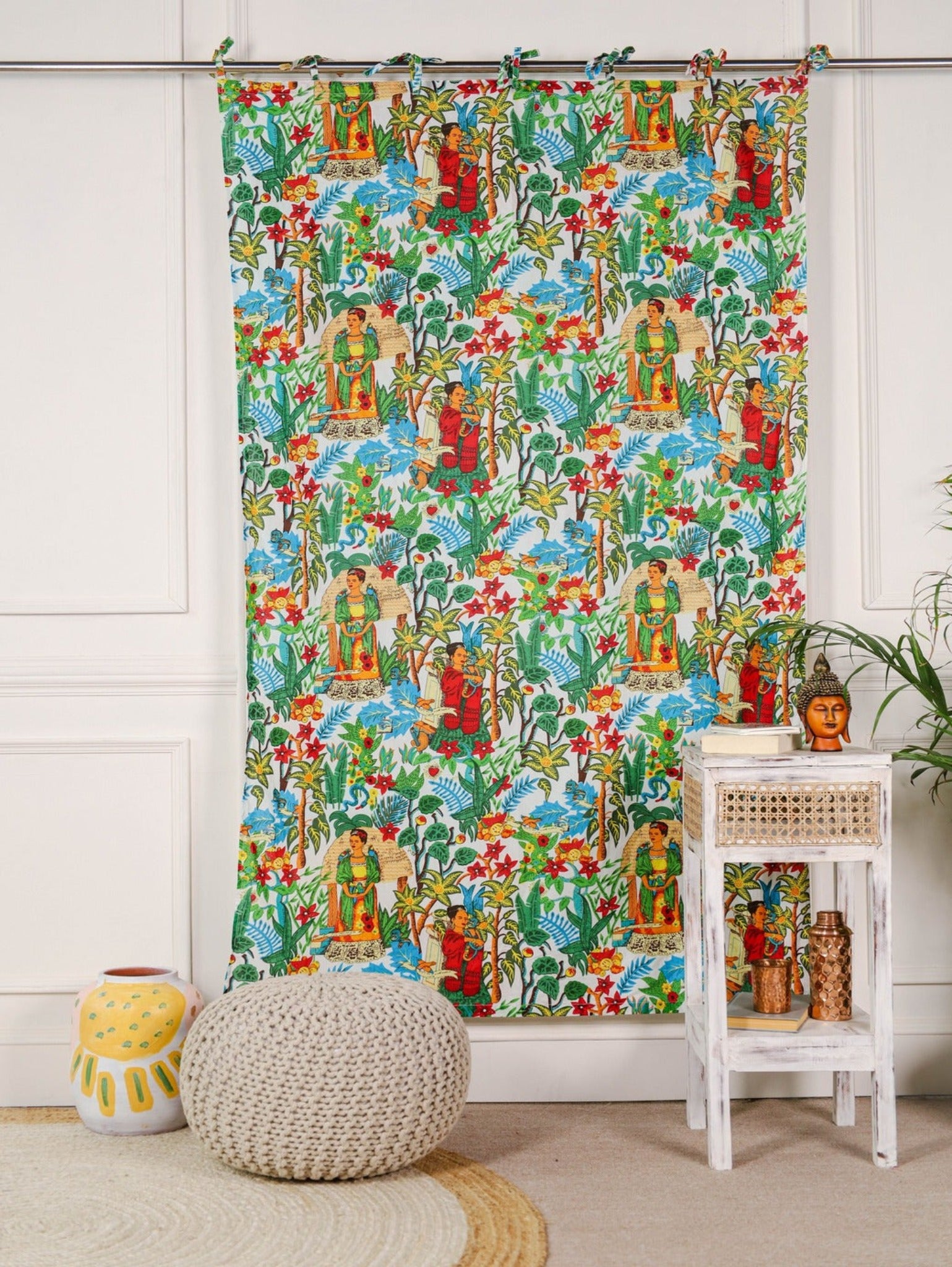 White Frida Khalo Printed Curtain - 1  Panel Set