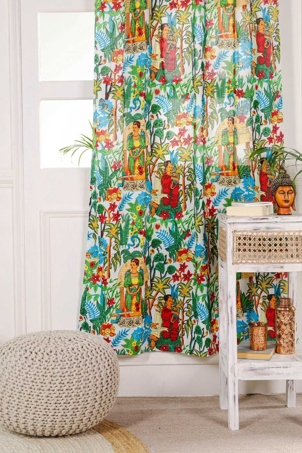 White Frida Khalo Printed Curtain - 1  Panel Set