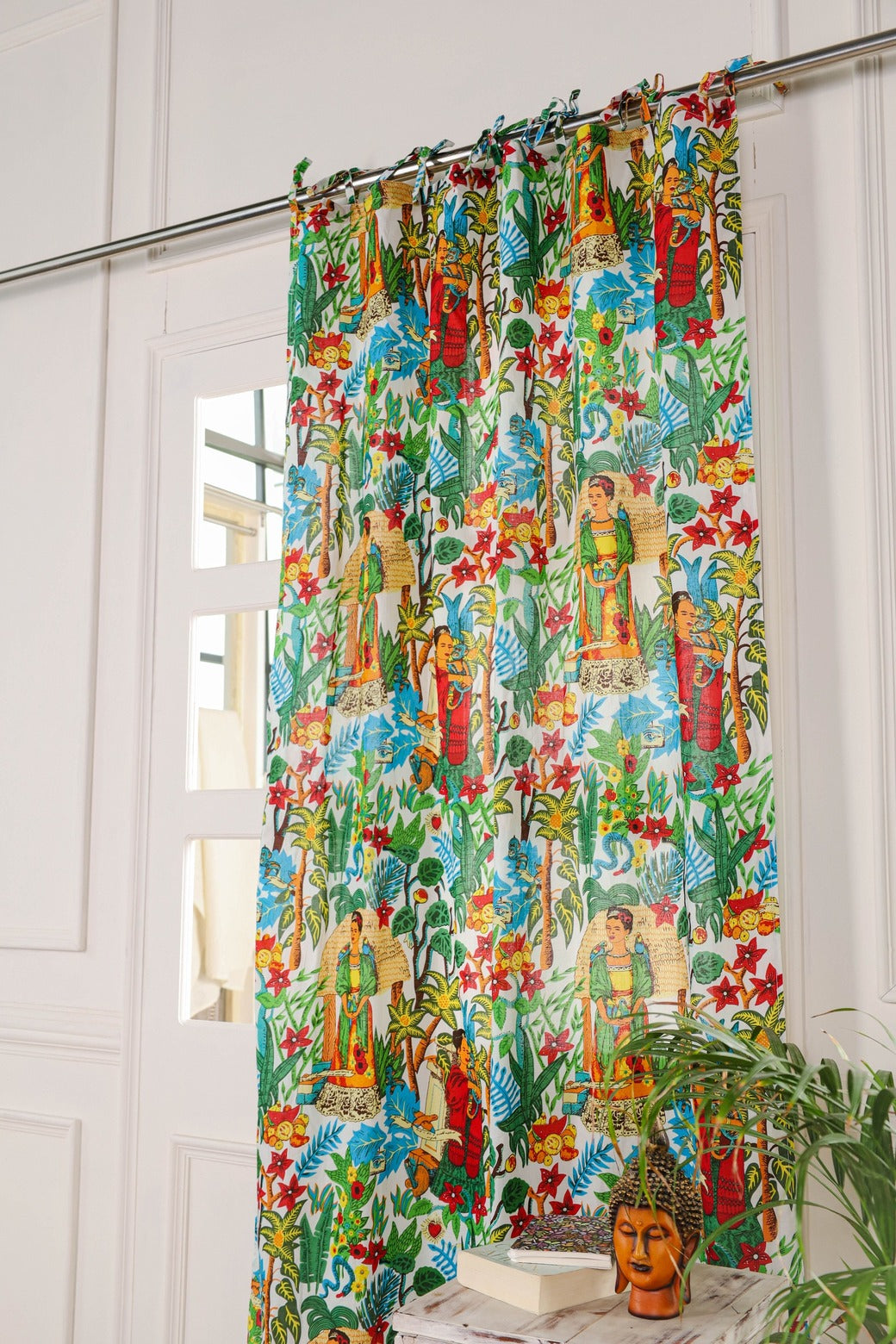 White Frida Khalo Printed Curtain - 1  Panel Set