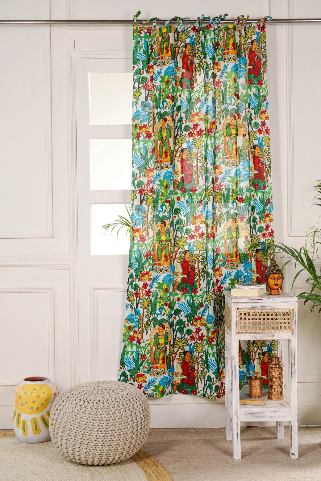 White Frida Khalo Printed Curtain - 1  Panel Set