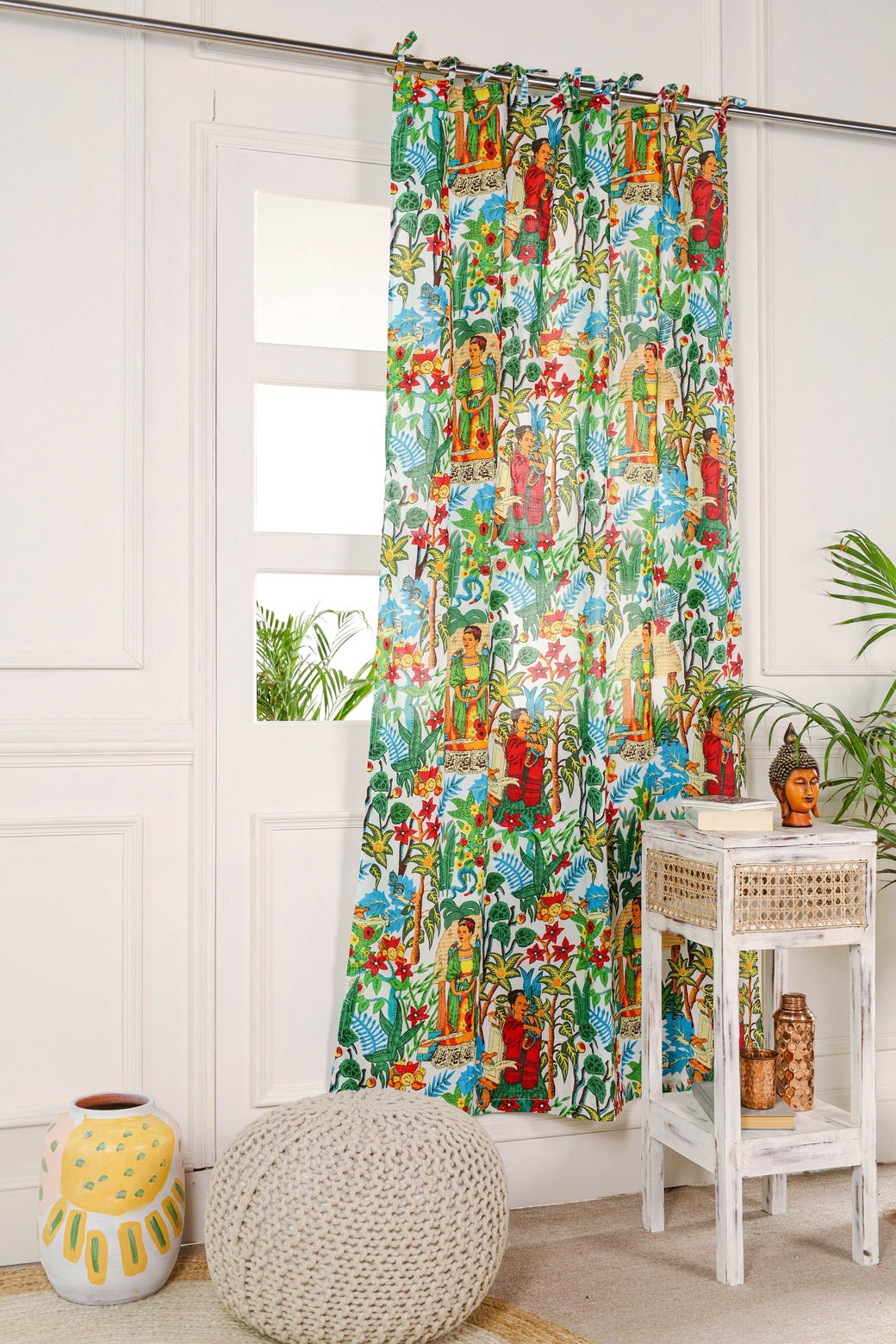 White Frida Khalo Printed Curtain - 1  Panel Set