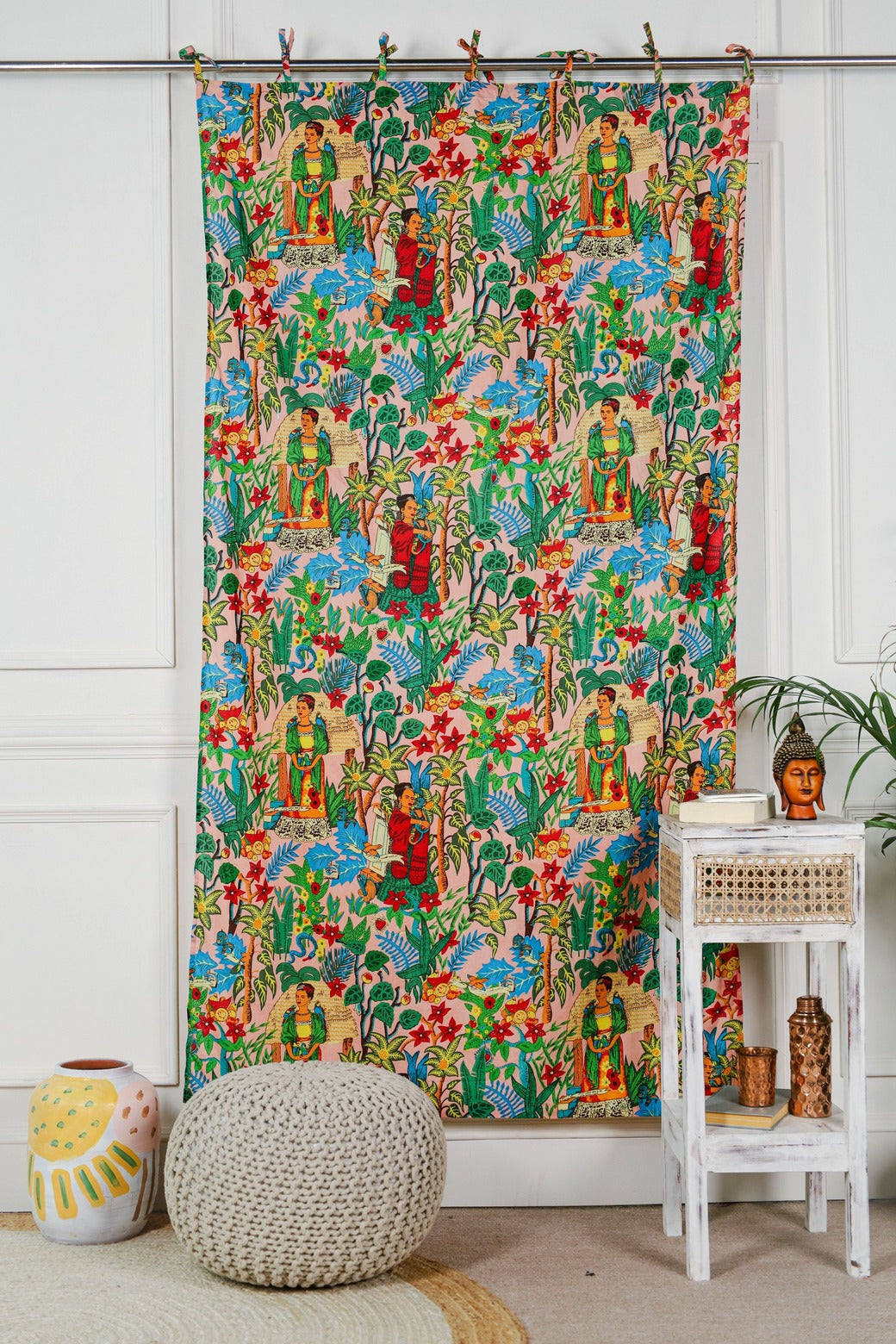 Beige Green Frida Khalo Printed Curtain - 1 Panel Set