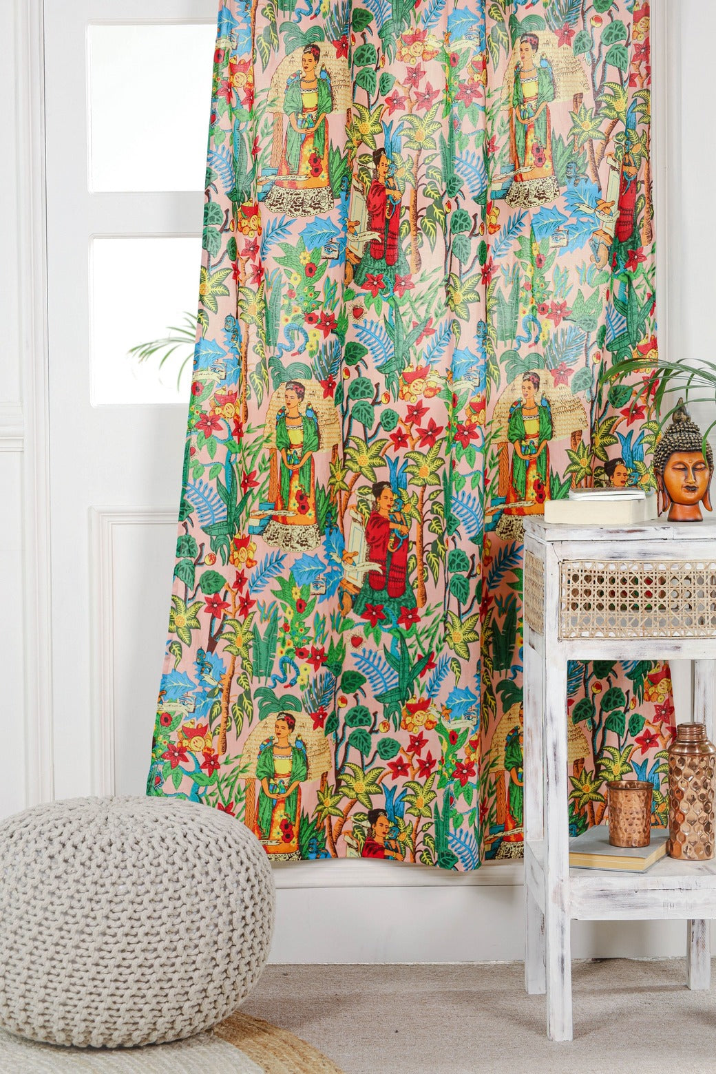 Beige Green Frida Khalo Printed Curtain - 1 Panel Set