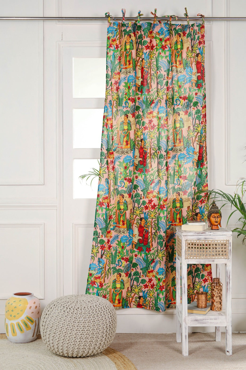 Beige Green Frida Khalo Printed Curtain - 1 Panel Set