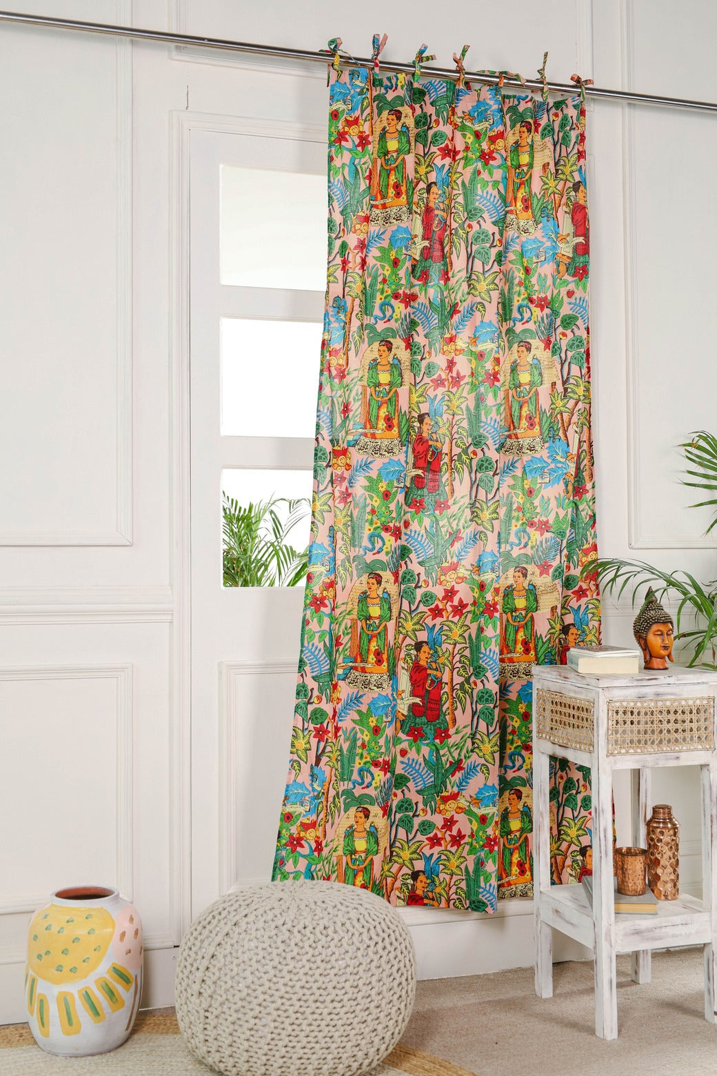 Beige Green Frida Khalo Printed Curtain - 1 Panel Set