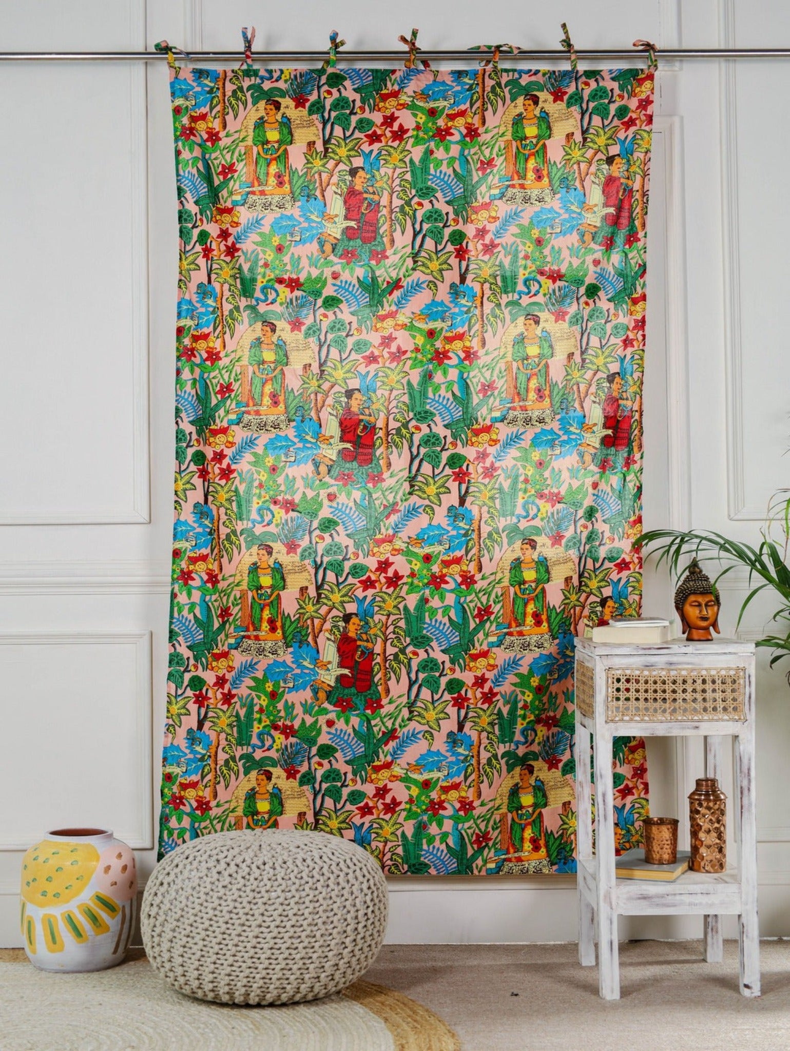 Beige Green Frida Khalo Printed Curtain - 1 Panel Set