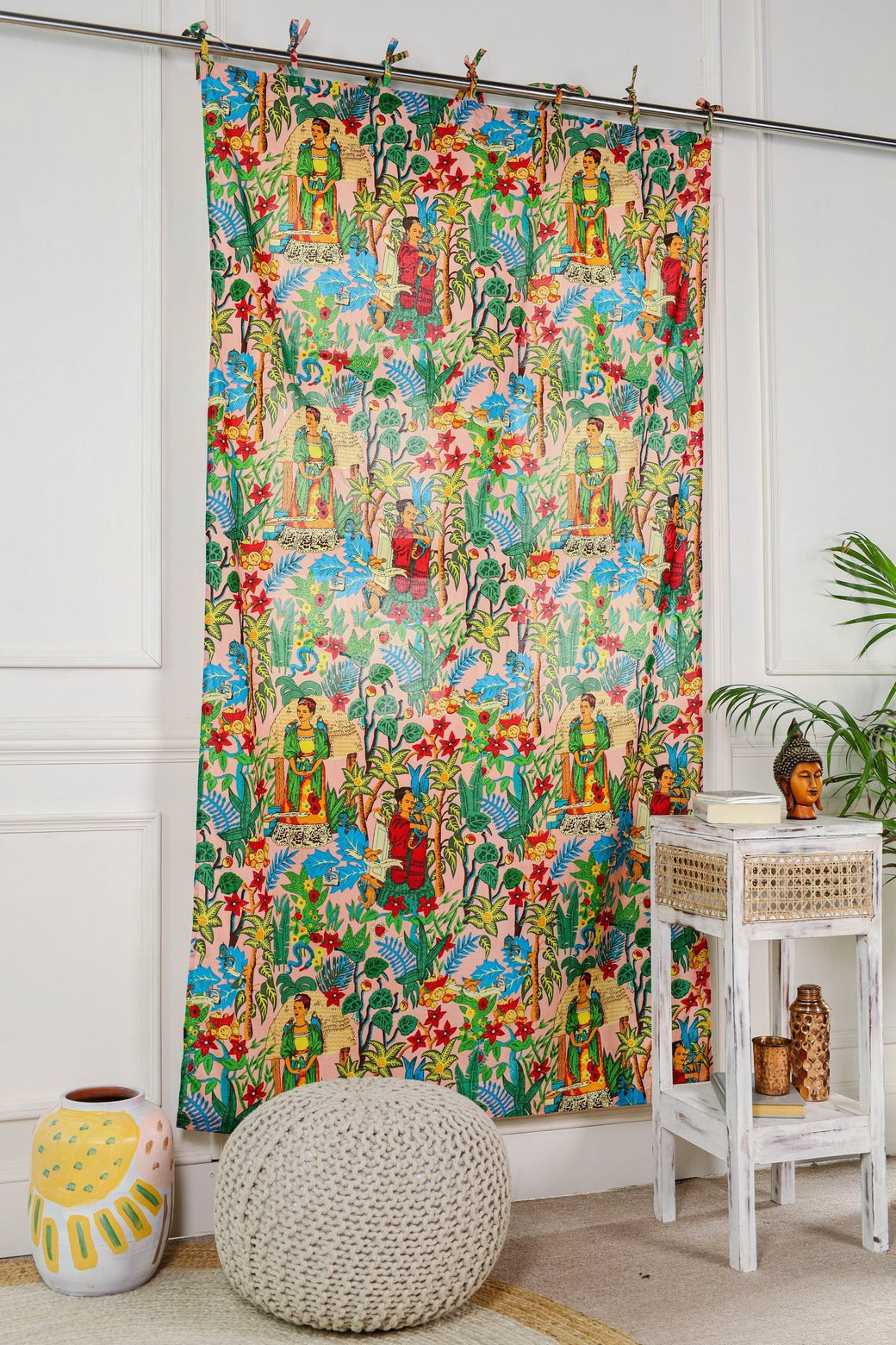 Beige Green Frida Khalo Printed Curtain - 1 Panel Set